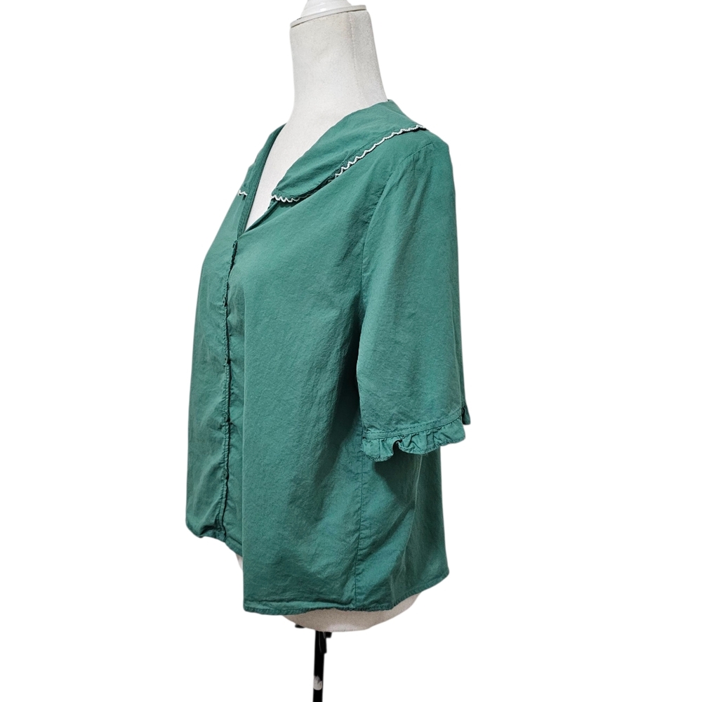 Vintage Green Blouse Short Sleeve Lightweight Romantic Peter Pan Collar - Picture 7 of 13